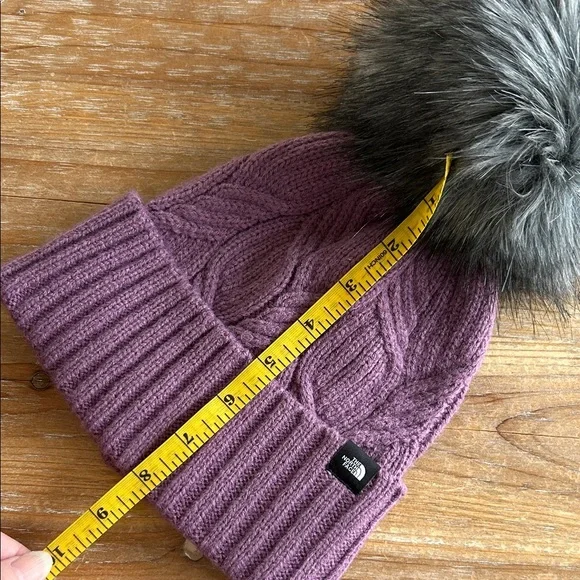 The North Face Youth Purple Knit Beanie with Fluffy Gray Pom-Pom - Picture 14 of 15